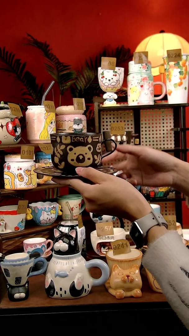 杯子瓷DIY景德镇创意陶瓷手工手绘卡通风紫砂泥小熊咖啡杯碟套组