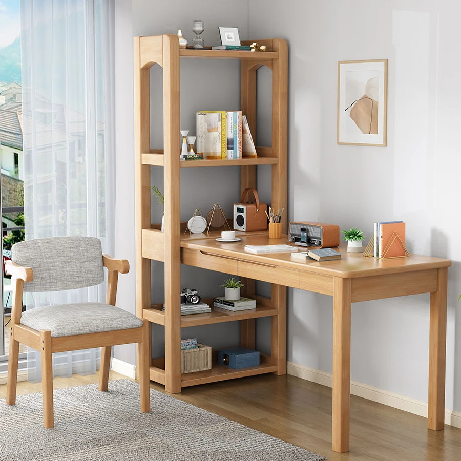 台式桌实木书桌带书架组合一体家用书房电脑桌简约学生学习写字桌