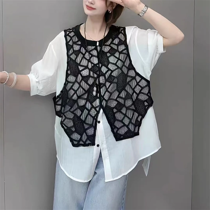 韩版提花网纱马甲拼接假两件衬衫女夏季新款宽松七分泡泡袖上衣潮