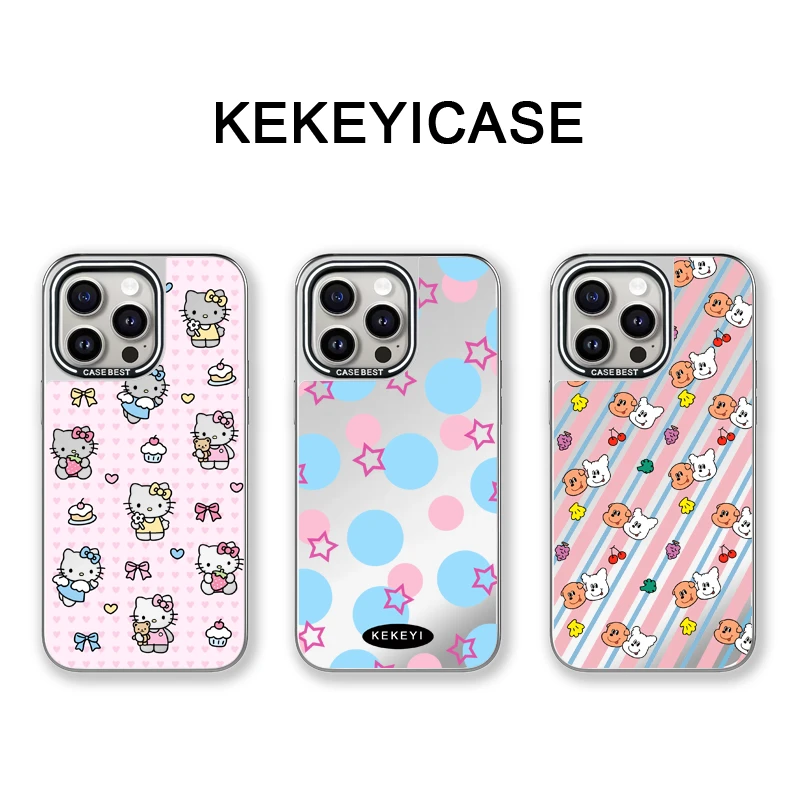 【电镀镜面英文框】韩系蓝波点适用于苹果iphone16镜面防摔手机壳