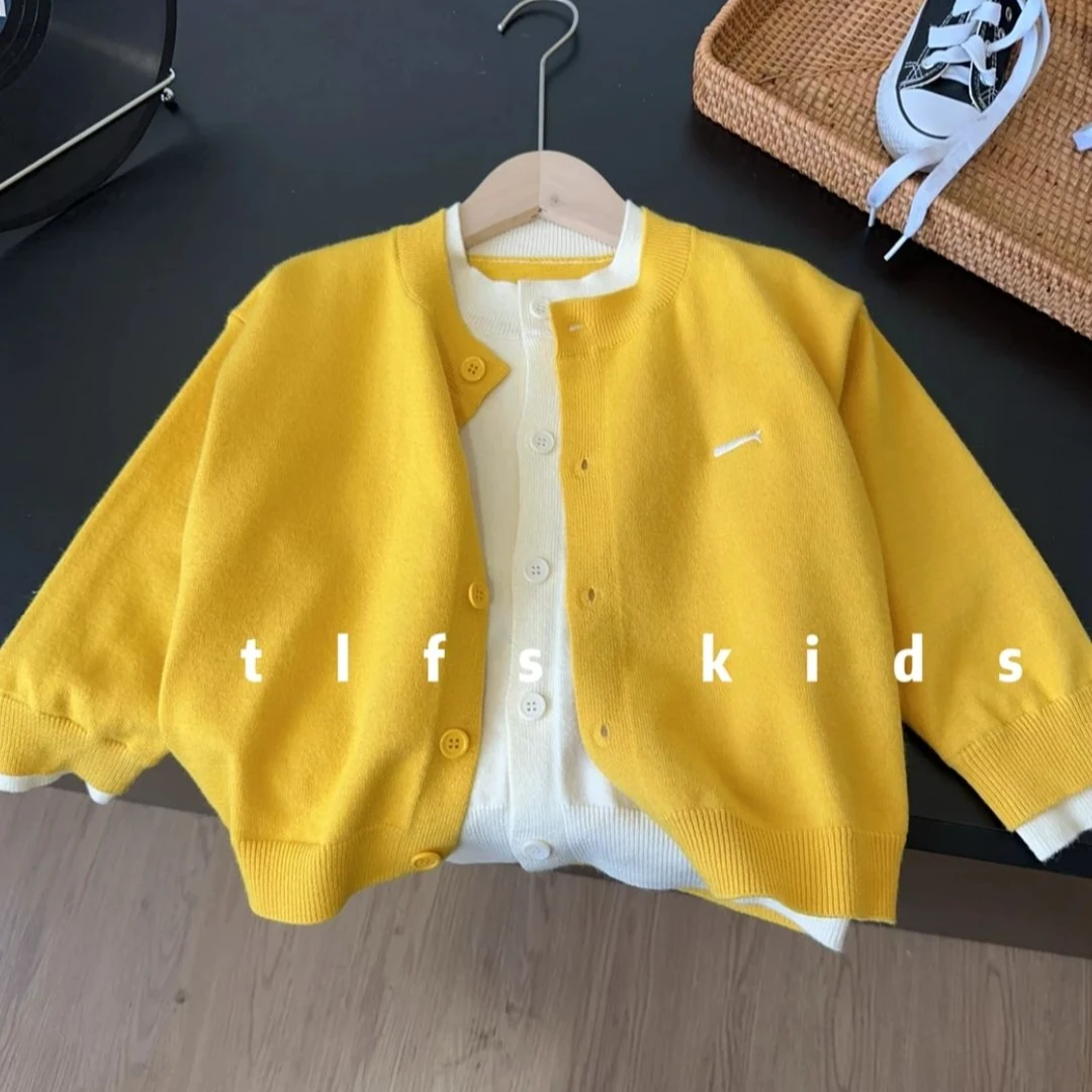 拼色假两件针织衫2025新款春季休闲毛衣男童女童百搭洋气套头上衣