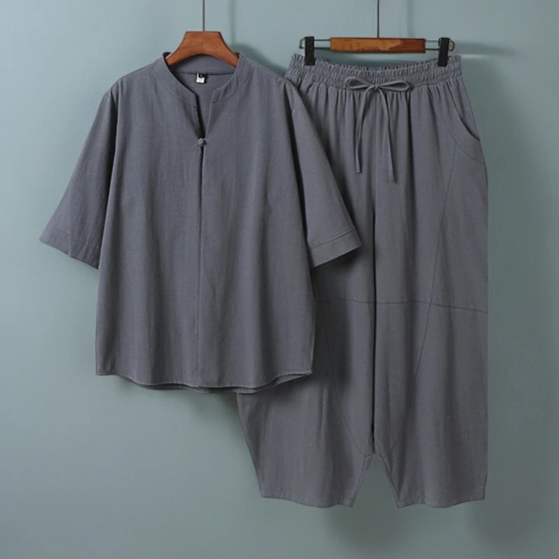 夏季中国风棉麻亚麻套装男士新品宽松舒适太极服七分袖衬衫男夏装