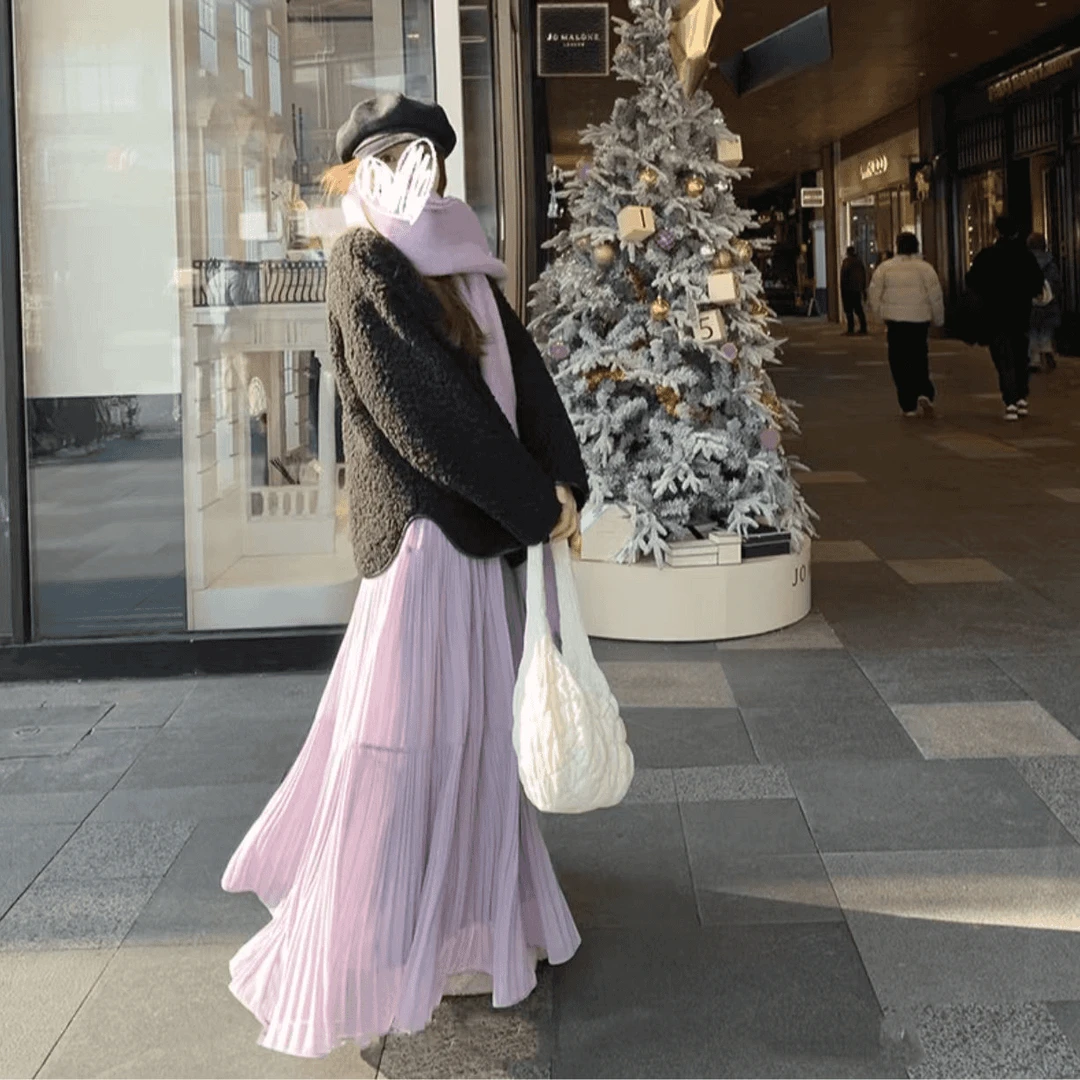 温柔风紫色半身裙高腰仙女裙春夏气质百搭压褶裙长裙