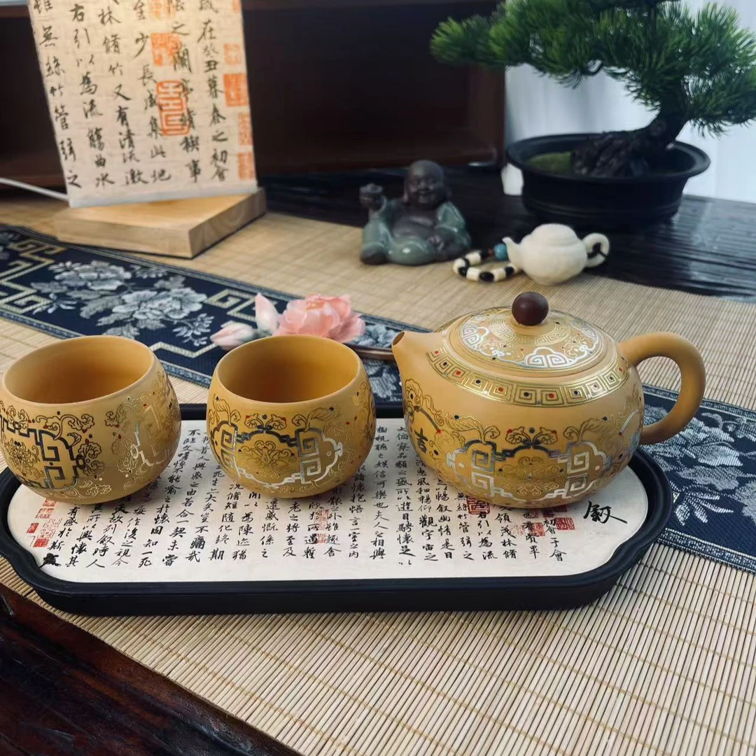 黄金锻泥紫砂一壶俩杯送茶盘西施壶吉祥如意陶瓷盖碗茶具手工茶壶