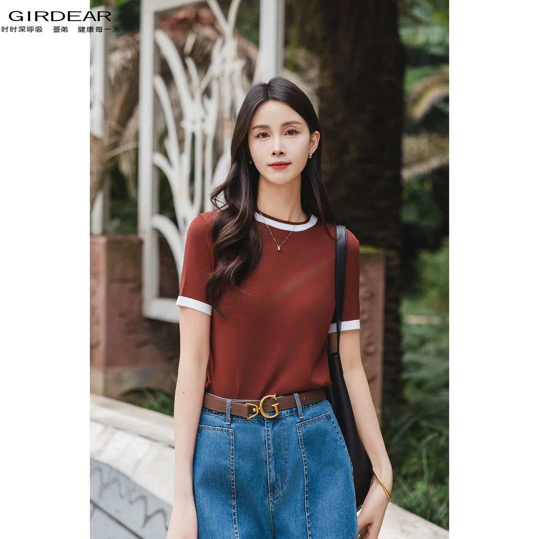 GIRDEAR/哥弟春夏新款经典圆领百搭休闲简约短袖针织T恤女1399733