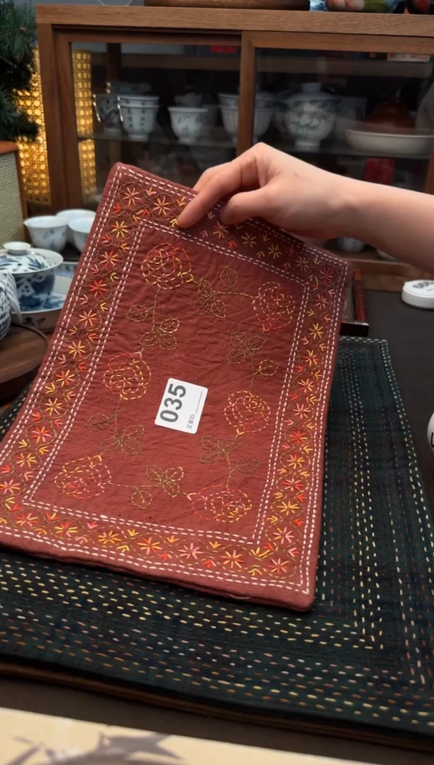 【闪购商品】织绣Cici手作刺子绣植物染柿染茶席-035