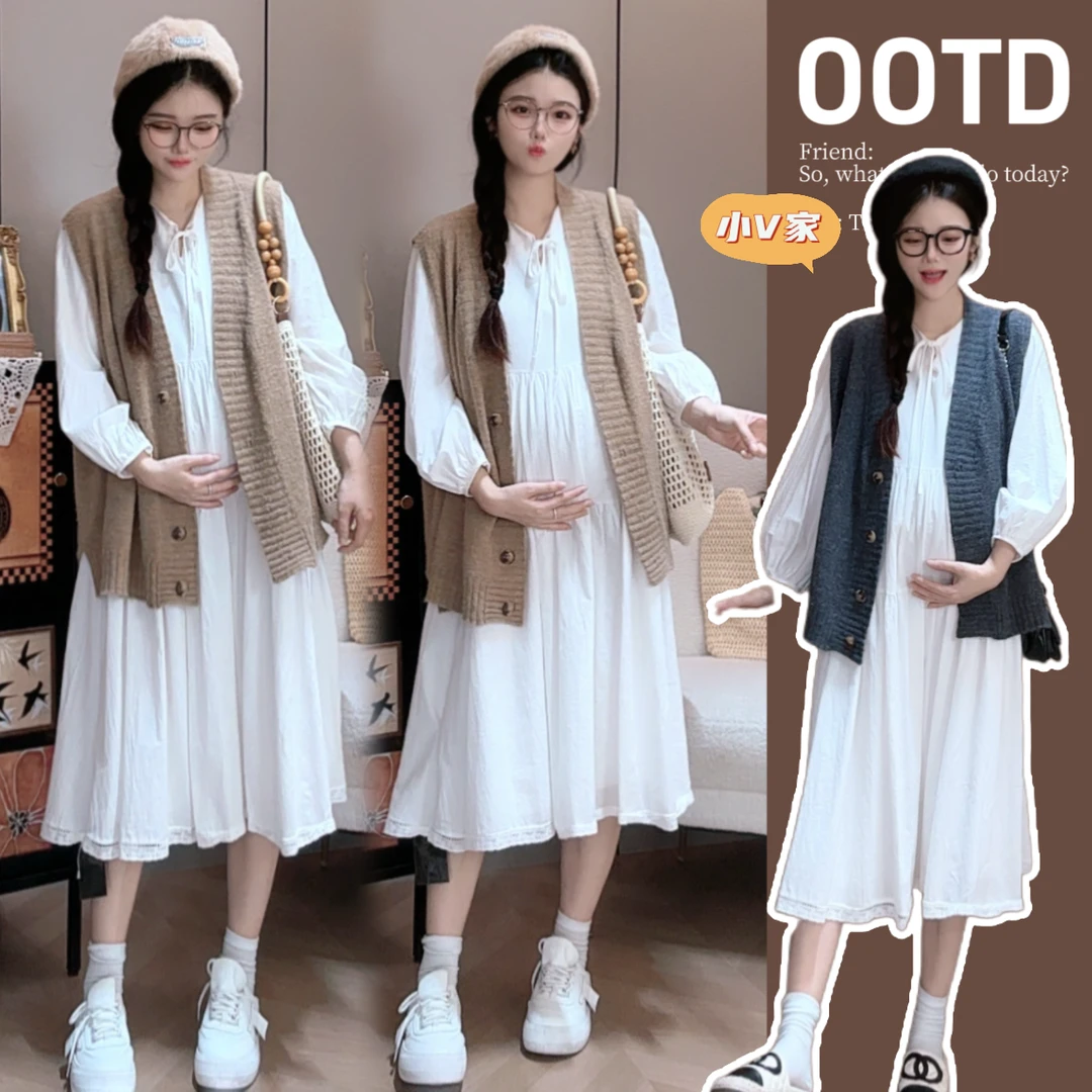 L423#9.3春秋季孕妇气质高腰显瘦连衣裙针织马甲背心套装