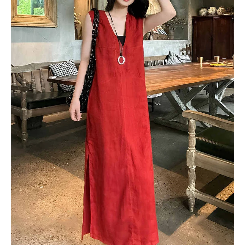 轻奢复古港风无袖背心连衣裙女2025新款夏季独特宽松休闲开叉长裙