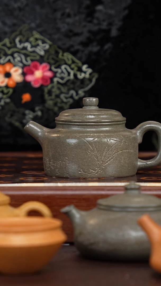 茶壶紫砂95纯蟹壳青刻绘德中