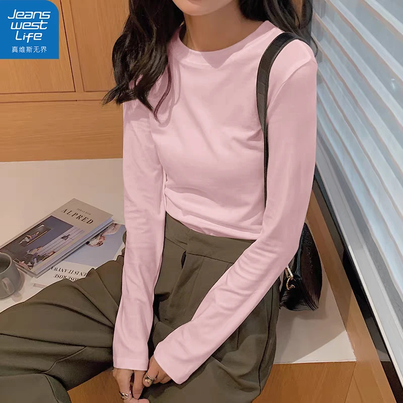 真维斯无界纯棉女生圆筒长袖T恤春秋百搭显瘦设计感宽松圆领上衣