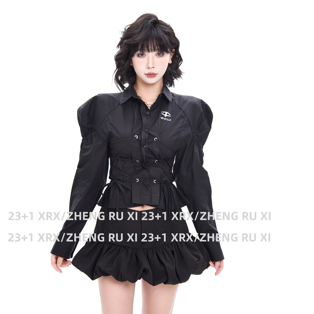 付新博女装收腰绑带衬衫女小众设计感时尚百搭显瘦短款衬衣13677