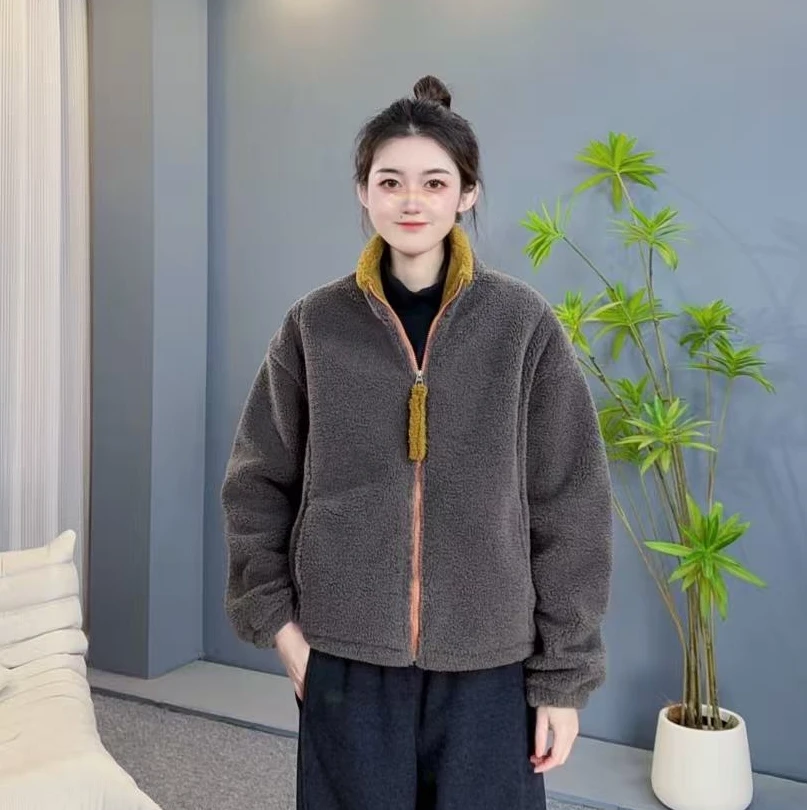 18165 撞色颗粒绒加绒冬季百搭休闲立领外套