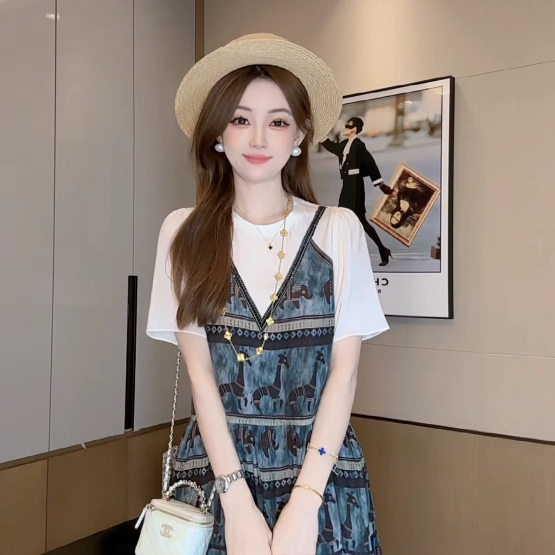 【丝芙玉禄】（S289）真丝双绉桑蚕丝气质拼色印花动物女装真丝连衣裙
