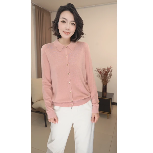 真丝山羊绒POLO领上衣春季新款高级感上衣纯色开衫显瘦百搭女士