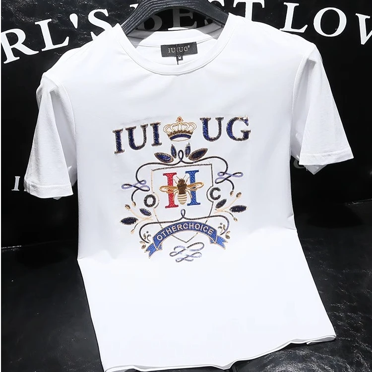 狄佛蒙特轻奢欧货潮牌丝光棉刺绣圆领修身短袖T恤夏季男士休闲T恤