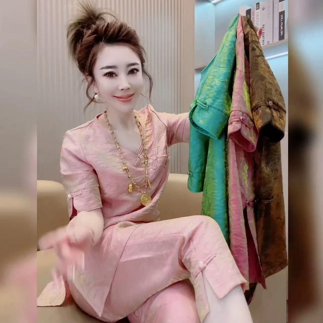 夏季新款气质显瘦中国风短袖上衣搭配侧开叉盘扣直筒八分裤套装