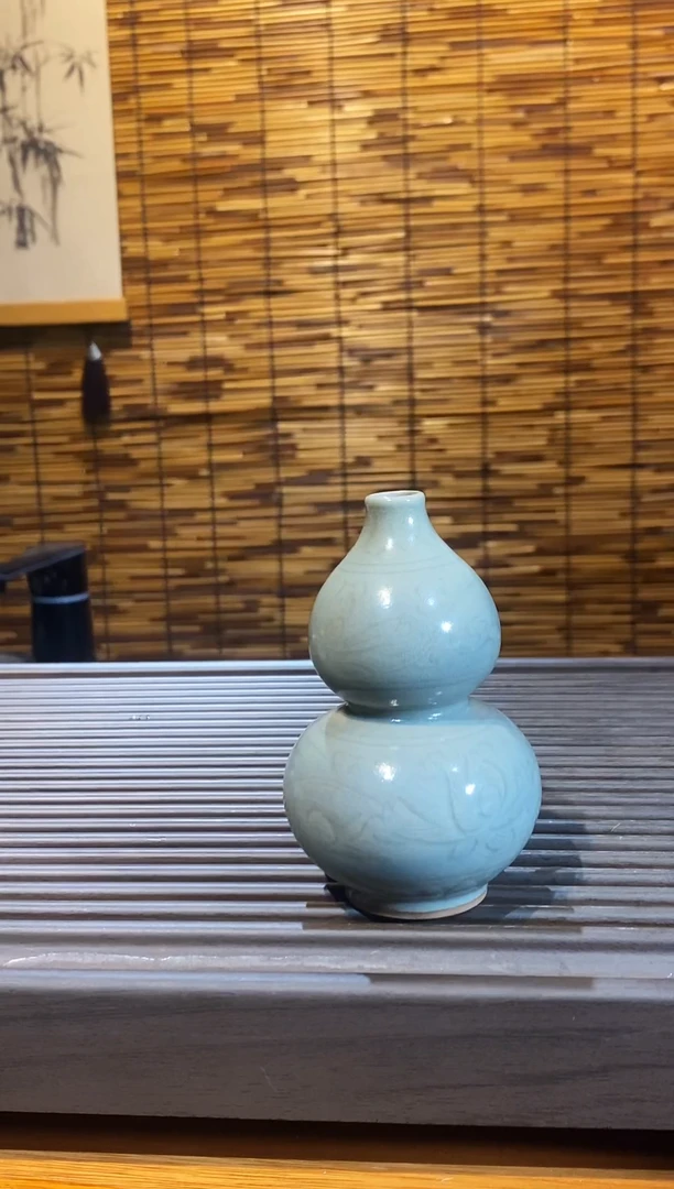 山隐青瓷龙窑柴烧摆件　粉青窑变半刀泥葫芦花叉