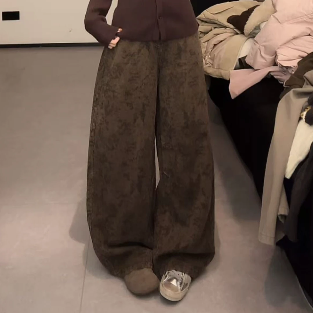 韩11不加绒国风纹理提花厚款牛仔裤女冬季慵懒感宽松高腰阔腿裤