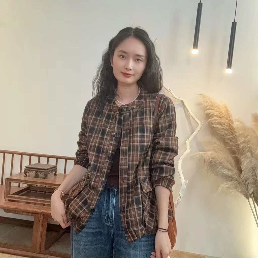 25771-百搭厚款衬衫圆领短款格纹衬衣常规休闲时尚复古