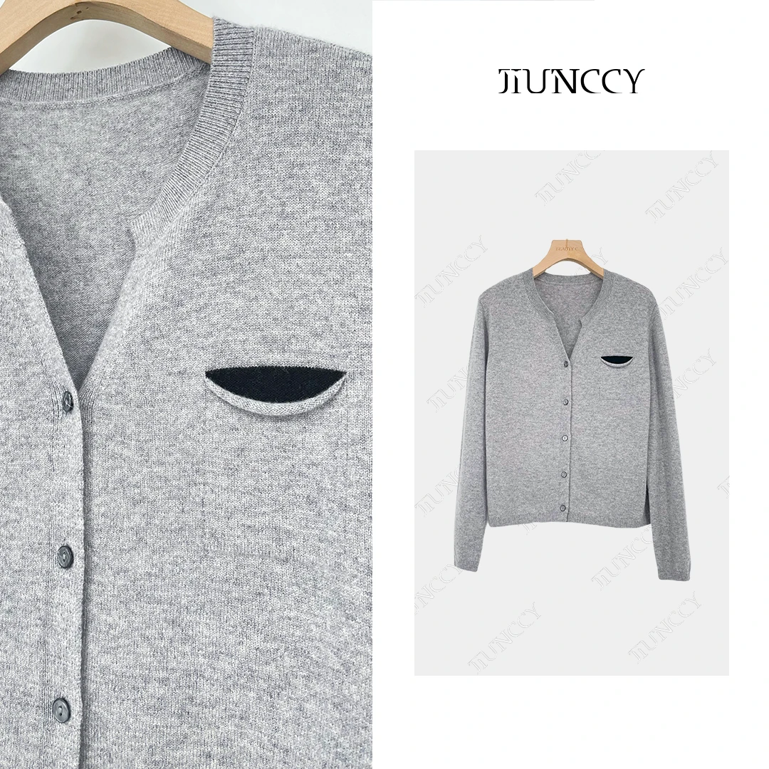 JIUNCCY【首尔】100绵羊毛撞色口袋简约基础百搭开衫毛衣 42ZZ133