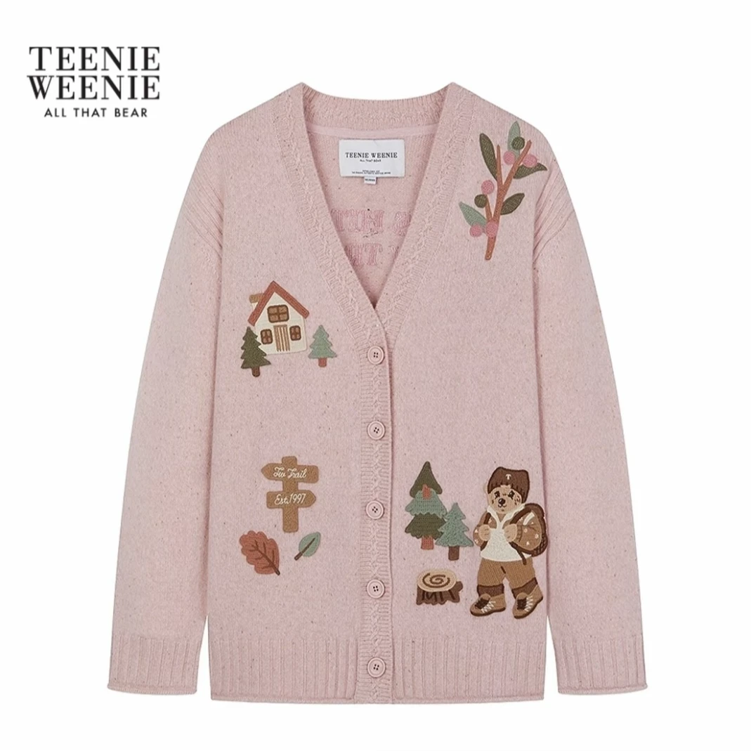TeenieWeenie小熊女装毛针织衫25秋新重工V领开衫女TTCK254TC5B