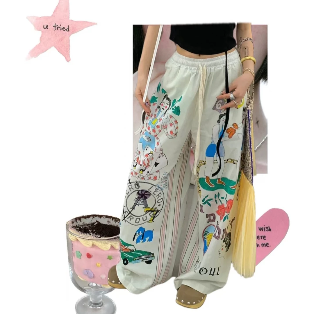 福福-【小小蜡笔】涂鸦休闲裤设计感百搭减龄2025新款高腰宽松裤子