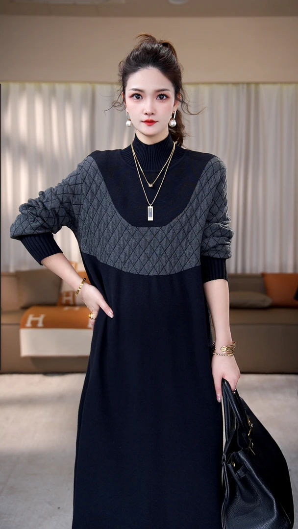 高端品质【花月痕】秋冬显瘦长袖高档保暖圆领毛衣打底连衣裙-6115#