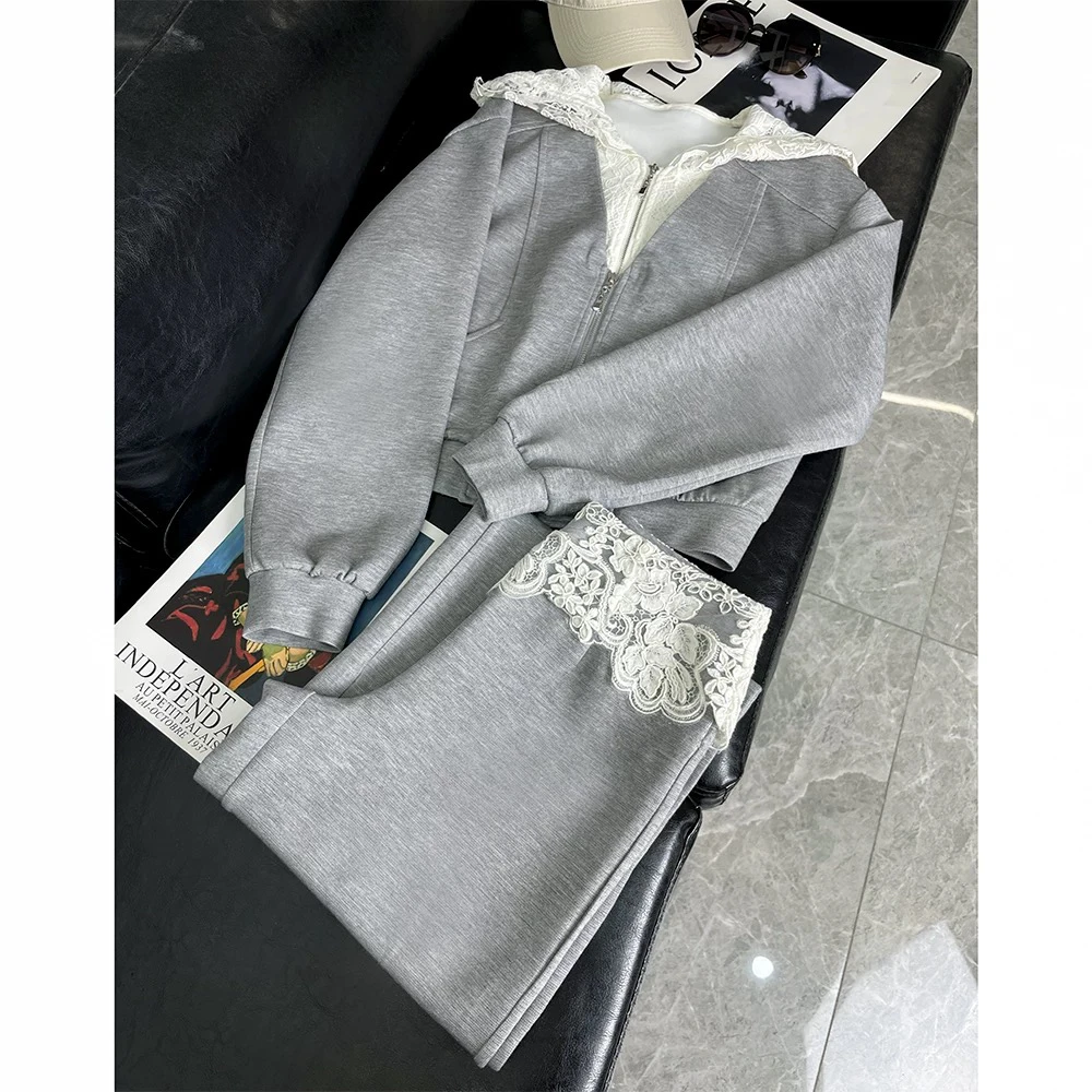2025蕾丝连帽卫衣套装女拼接上衣+休闲裤时尚两件套8802