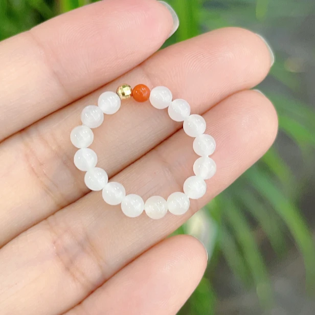 18K金和田白玉圆珠戒指