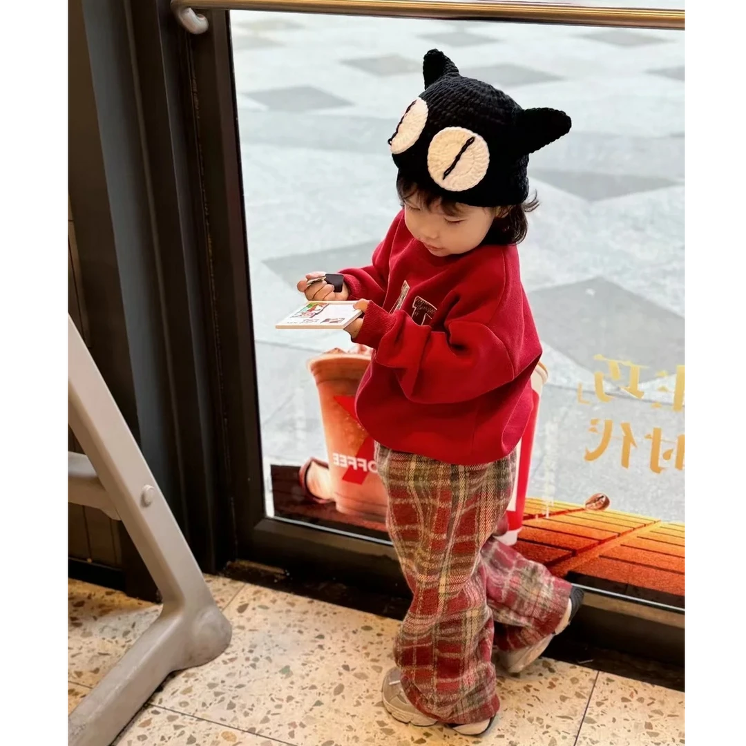 壹妈童装男女童套装秋冬款洋气儿童时髦学院风红色加绒卫衣裤子