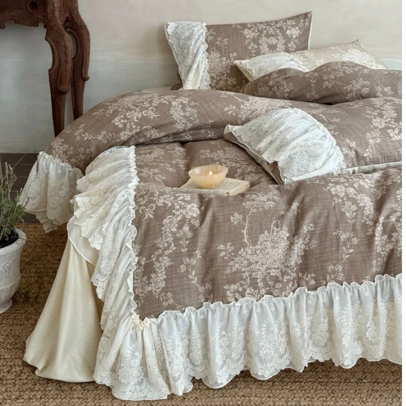 小冲冲【满棠秋色】法式复古双层纱重工大花边床单款四季通用