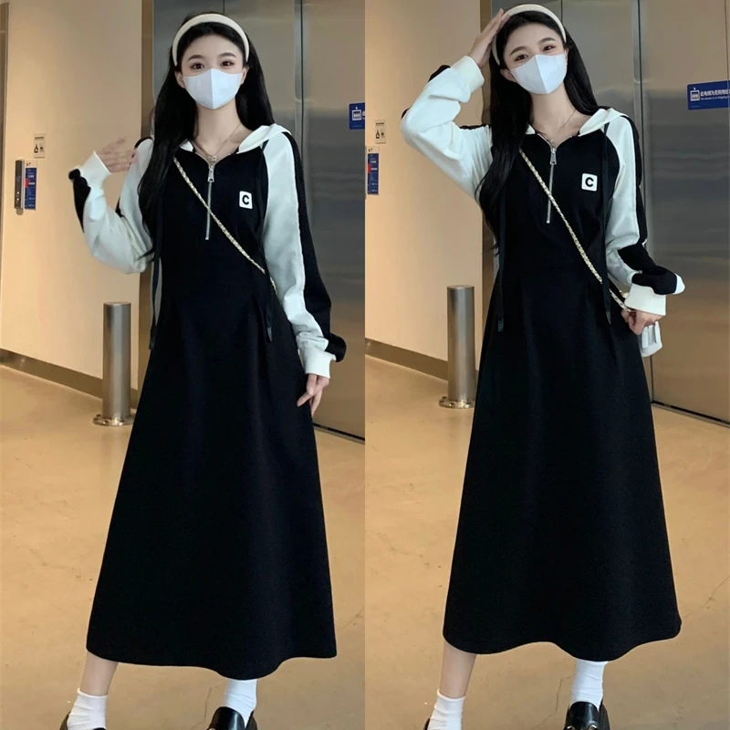 大码休闲连衣裙秋季新款高级感连帽卫衣裙胖MM遮肚显瘦长裙子1592