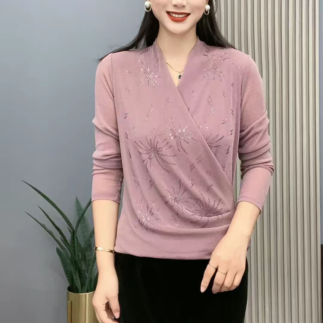 秋季新款交叉领网纱T恤衫气质减龄设计感烫钻褶皱纯色修身打底衫