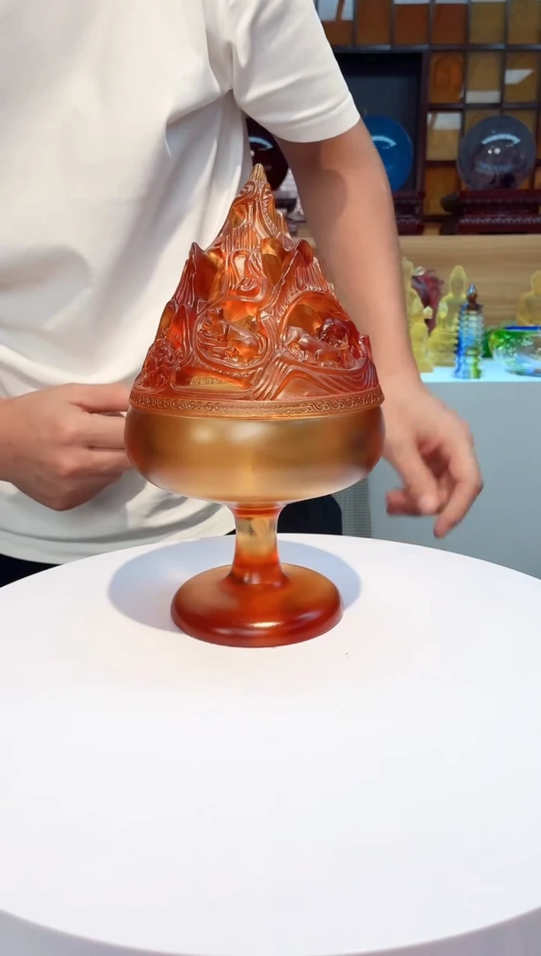 手工艺品琉璃锦**鲤琥珀色博山炉特大号