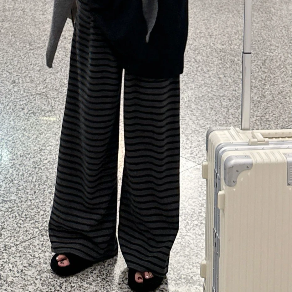 阿丹家   长裤高腰阔腿裤条纹秋季休闲裤韩版显瘦20250926