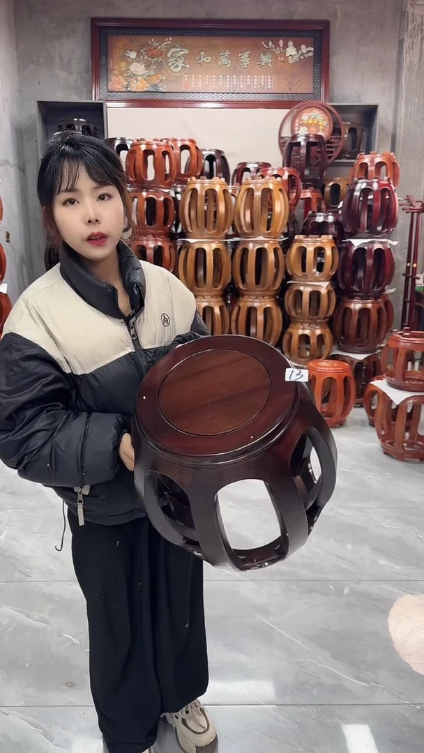 【闪购商品】花梨木类家具【微瑕】胡桃色大号鼓凳单个13号