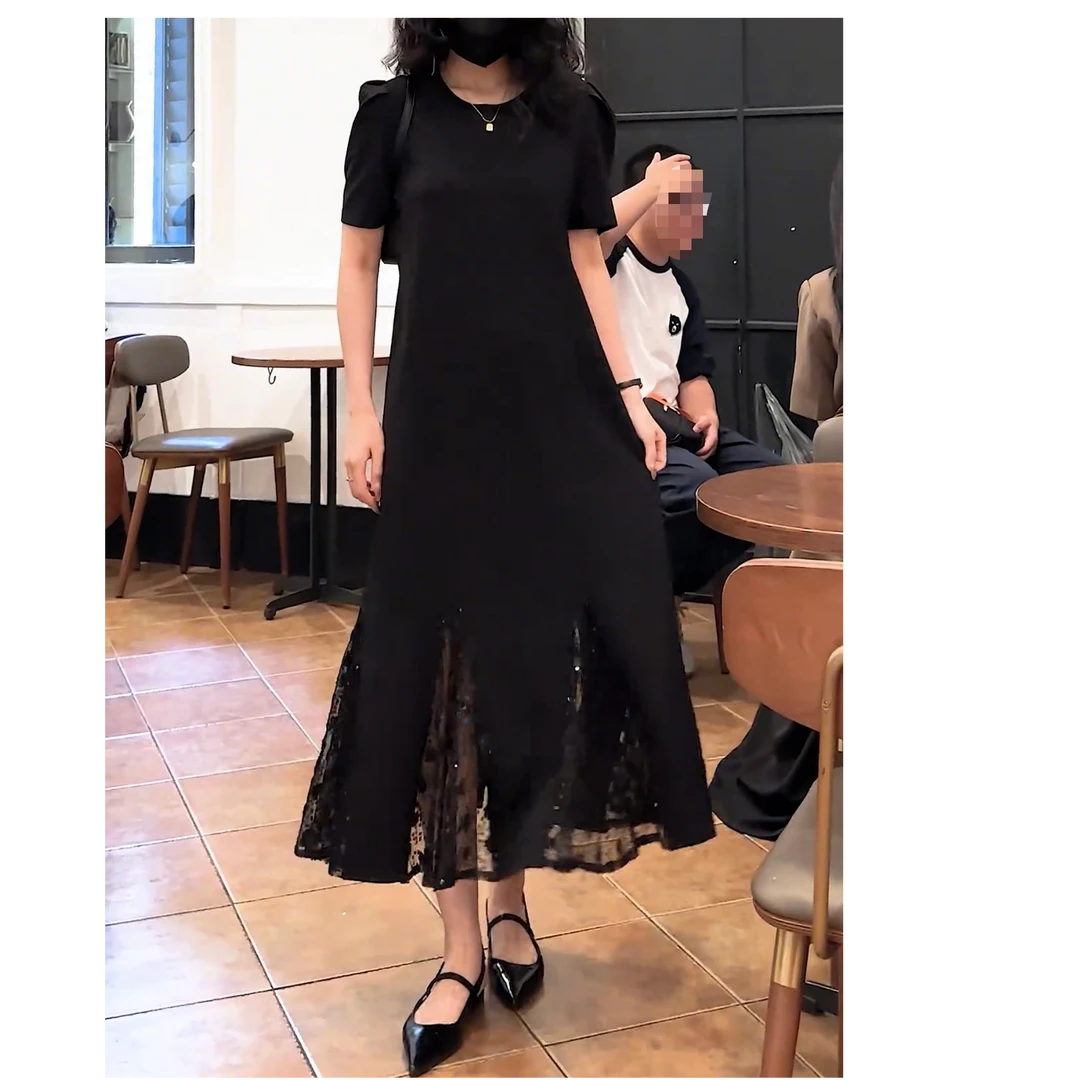2025新款夏季赫本风高端洋气气质蕾丝拼接通勤百搭连衣裙轻奢时尚