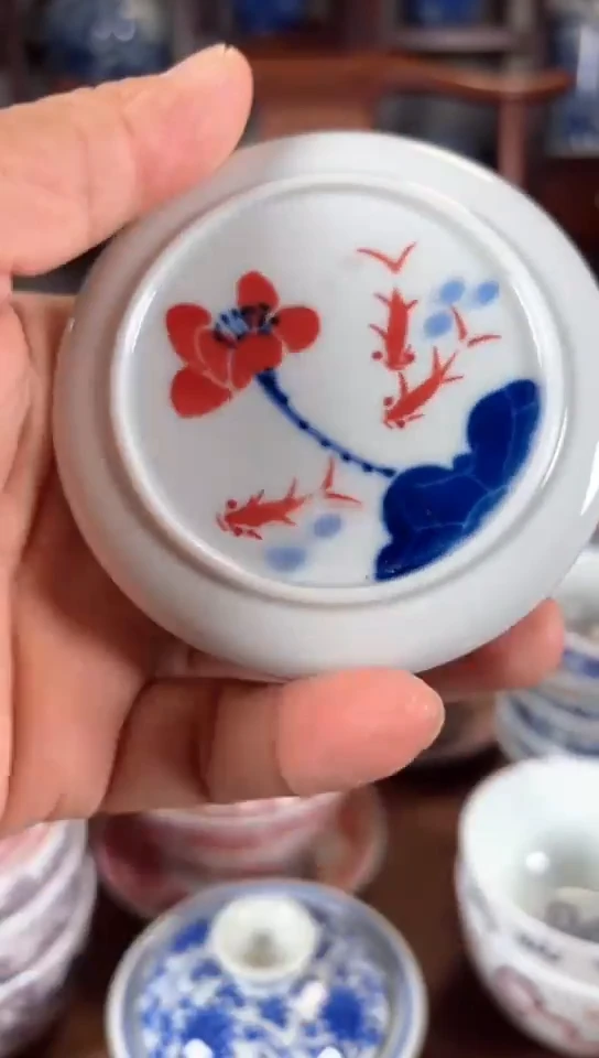 柴窑青花釉里红荷花盖置