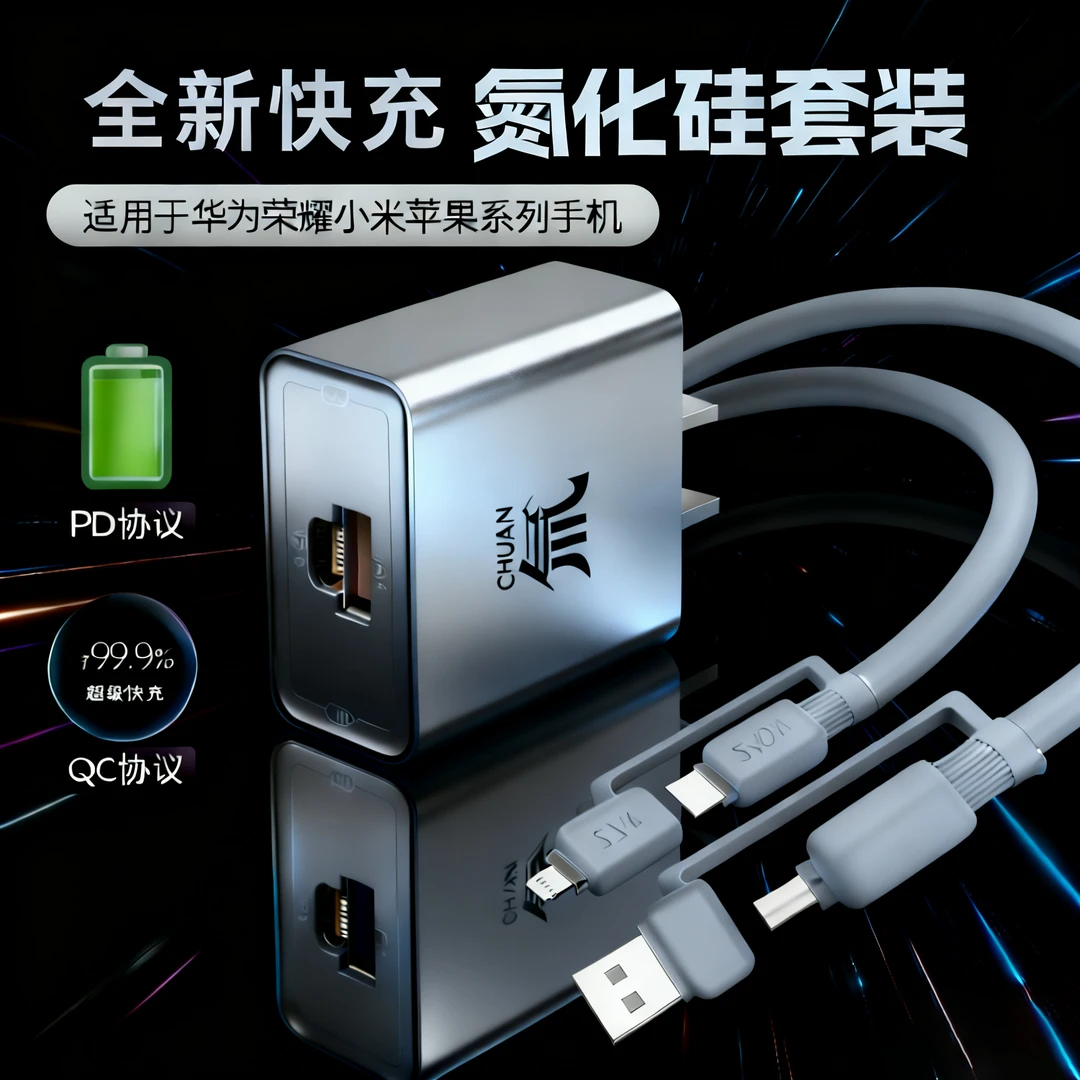 全新氚流多口充电器数据线套装超级快充电适用安卓HW多协议通用