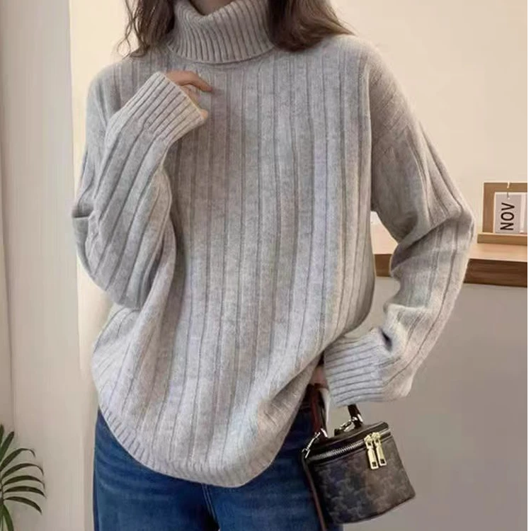 25秋冬新款坑条高领羊毛衫女欧货加厚宽松高翻领百搭打底针织毛衣