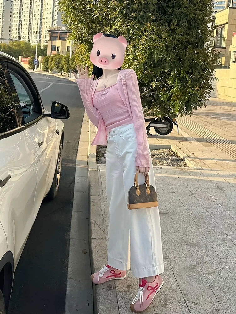 韩系温柔风时尚粉背心吊带针织开衫女通勤百搭休闲牛仔裤三件套春