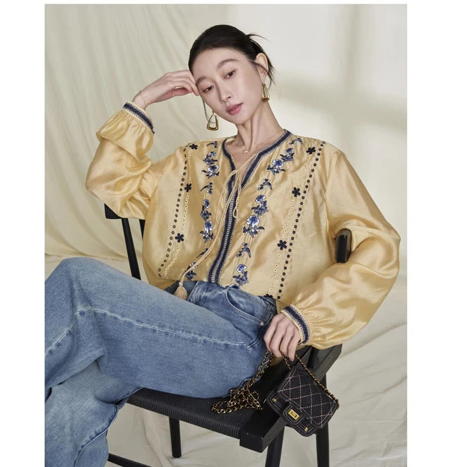 【黄梨刺绣】浪漫法风2025春季新款刺绣系带衬衫宽松上衣