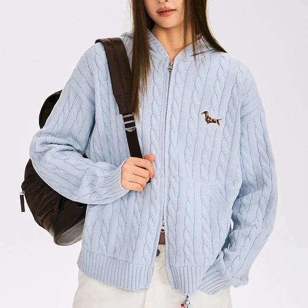 【秋上新】231春季新款针织休闲宽松复古麻花连帽时尚开衫早春外套