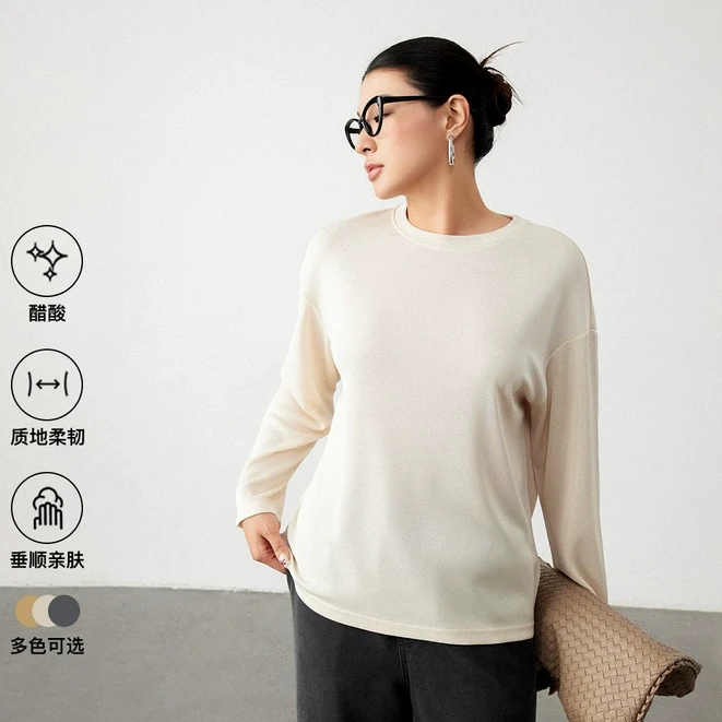 PLUSMALL Lazy life 静奢醋酸混纺针织圆领长袖T恤PPPP2412095