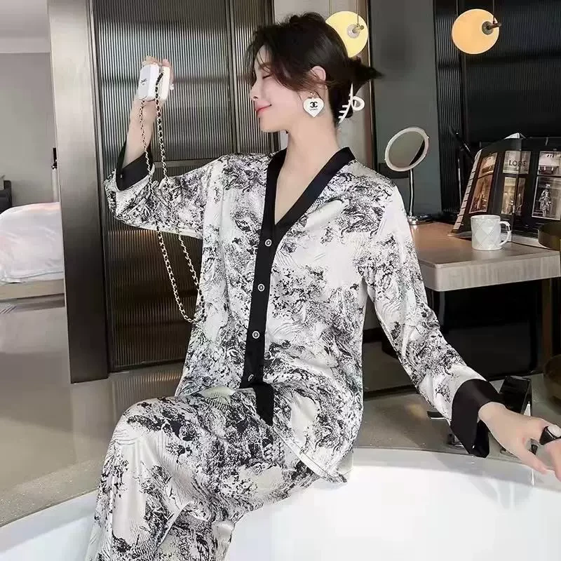夏季新款睡衣女四件套国潮风水墨画时尚复古奢华印花家居服套装女