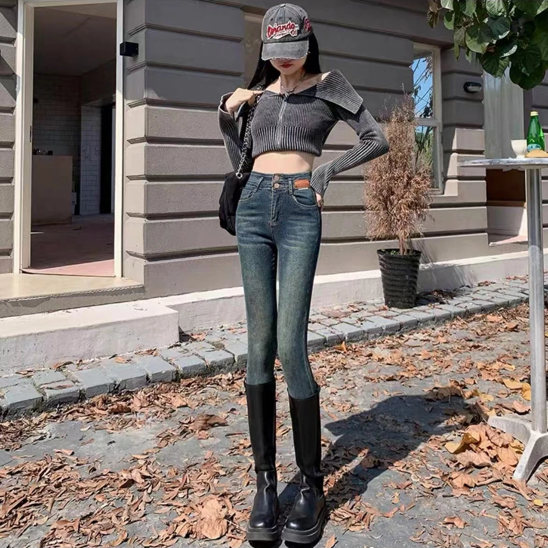 8727裤长98植绒高腰小脚牛仔裤女2024秋冬新款弹力修身百搭铅笔裤