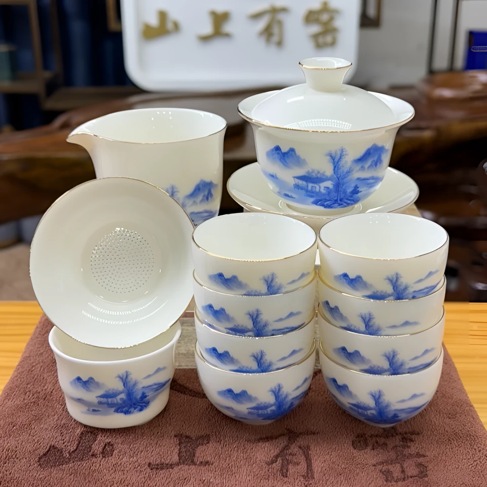 【山上有窑】羊脂玉瓷猪油白功夫茶具套装家用办公高档描金茶具套装