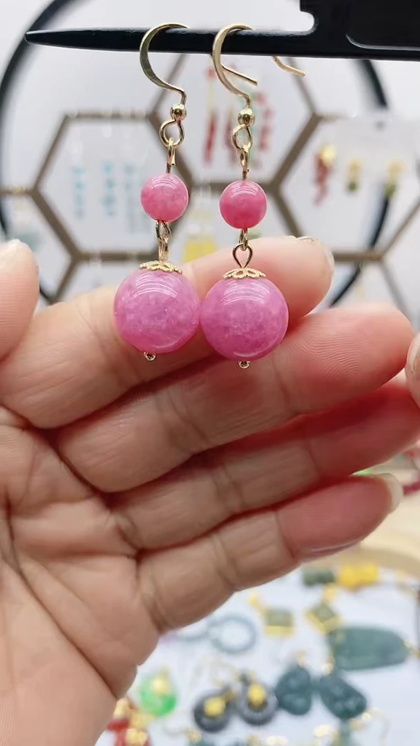 未镶嵌菱锰矿（红纹石）耳饰36