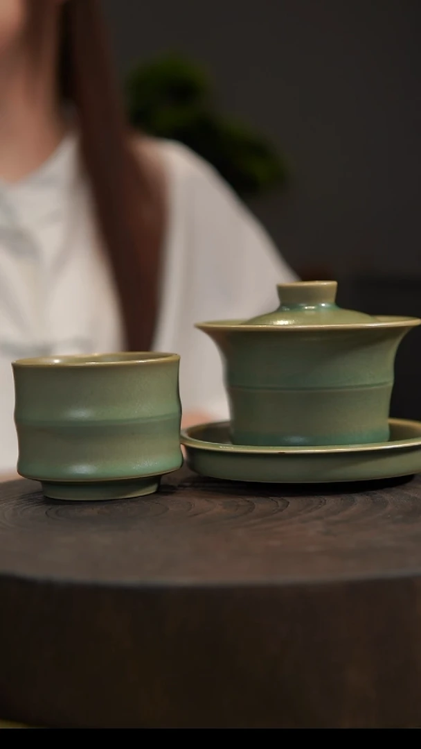 杯子茶*道竹节马蹄盖碗+竹节杯 汝州原产地  原矿老釉