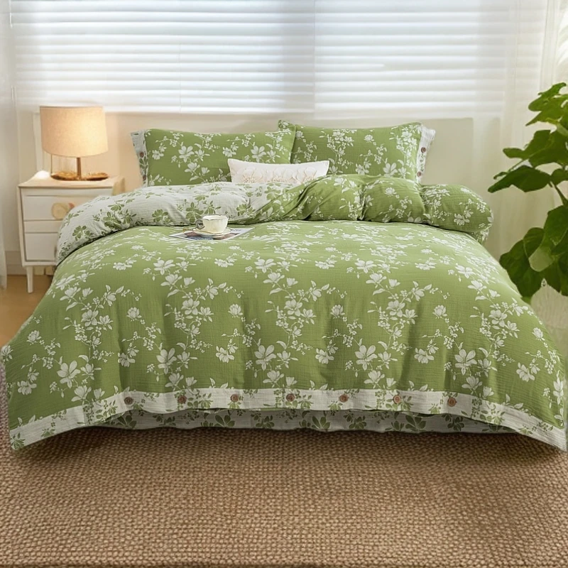 纯棉双层纱清新法式【喜上眉梢】A类母婴级 纱布 慵懒风 四件套。